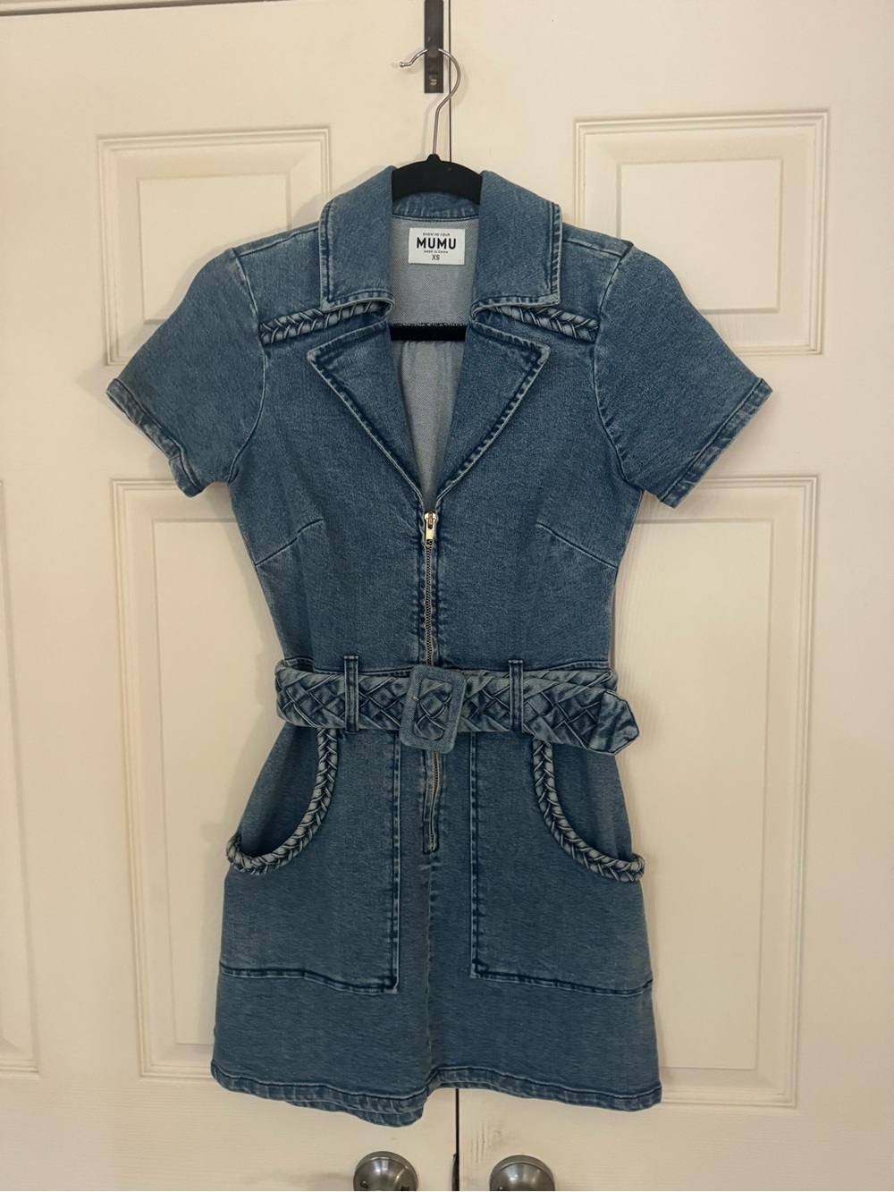 Show Me Your MuMu Denim Blue Mini Dress with Braided Belt